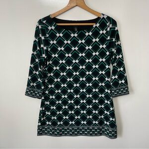 WHBM Geometric Black and Green Tunic Dress with 3/4 Sleeve and Bateau Neckline